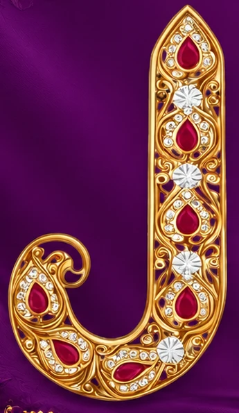 The Jewels by Jalpa signature J, ornamented with gold, red and white stones
